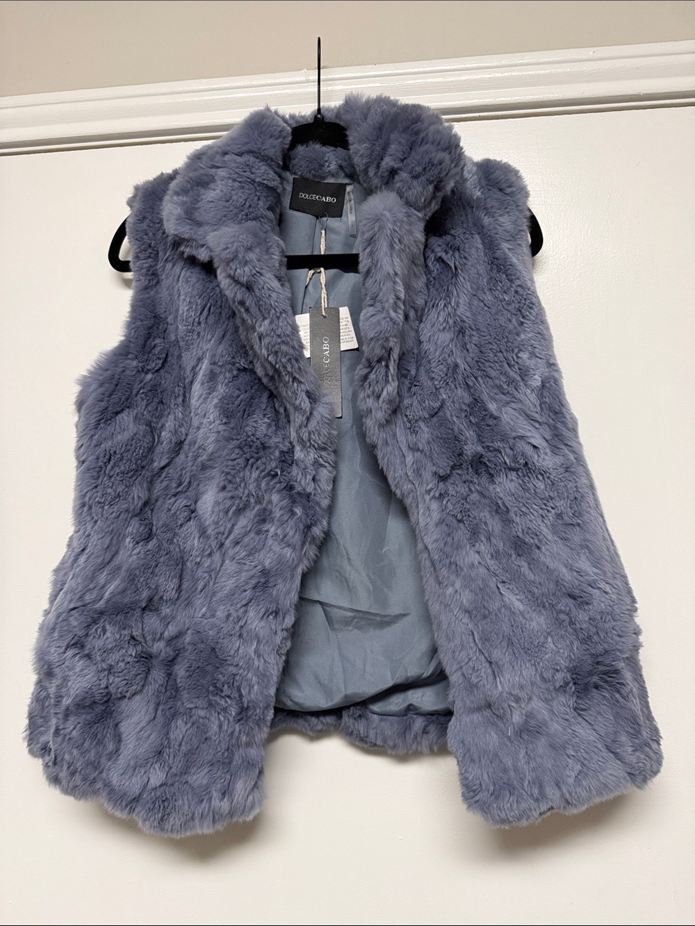 NWT: DolceCabo Light Blue Real Dyed Rex Rabbit Fur Vest